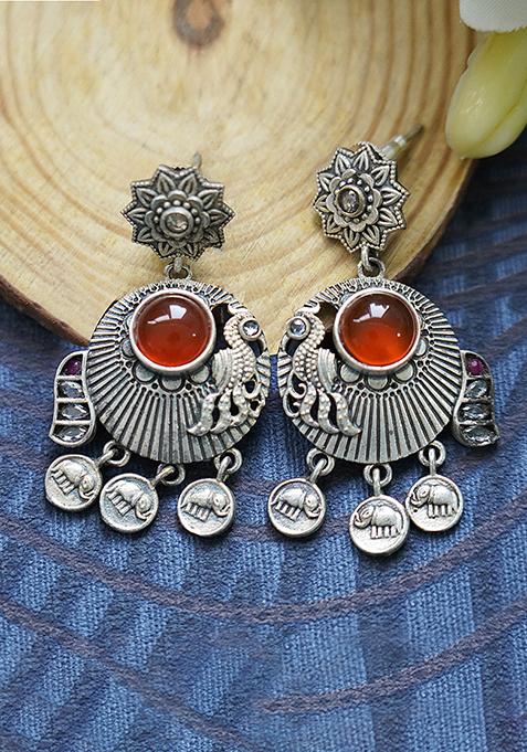 Silver Tone Elephant Motif Orange Stone Brass Earrings