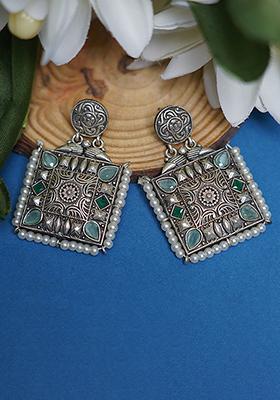 Silver Tone Green Stone Brass Earrings