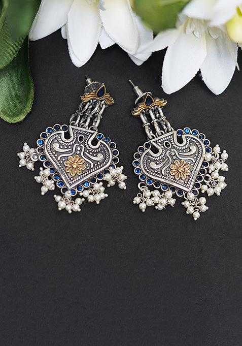 Silver Finish Dual Tone White Bead Brass Earrings