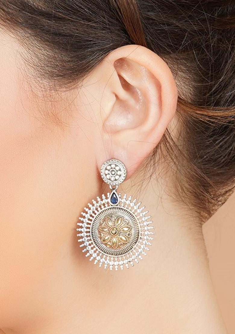 Dual Tone Blue Stone Brass Earrings