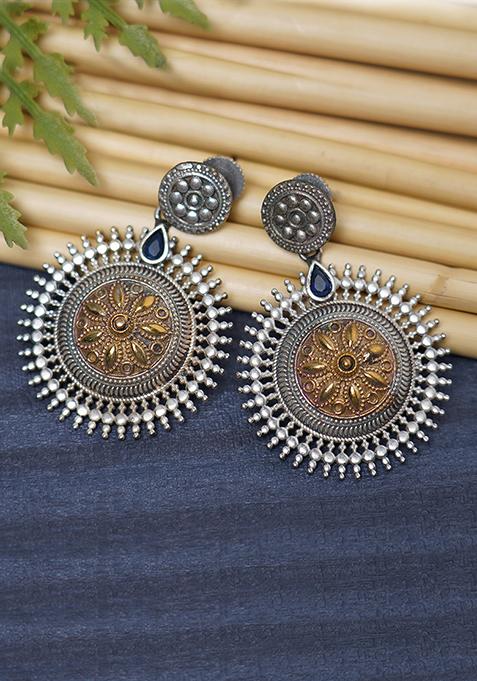 Dual Tone Blue Stone Brass Earrings