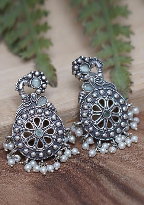 Silver Oxidized White Bead Floral Brass Earrings