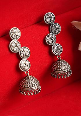 Silver Tone Round Shape Brass Jhumka Earrings