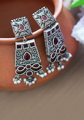 Silver Tone White Bead Long Length Brass Earrings