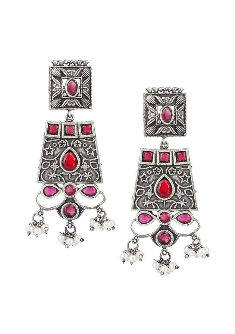 Silver Tone White Bead Long Length Brass Earrings