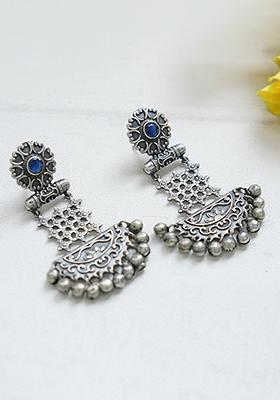Silver Tone Blue Stone Ghungroo Brass Earrings