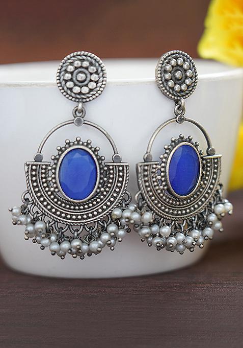 Silver Tone Blue Stone And White Bead Brass Earrings