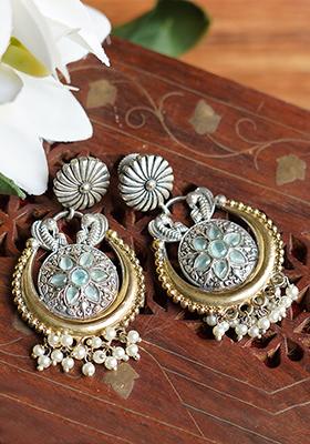 Dual Tone Peacock Motif White Bead Brass Earrings