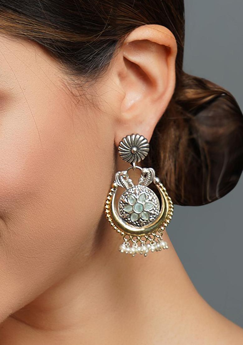 Dual Tone Peacock Motif White Bead Brass Earrings - Indya