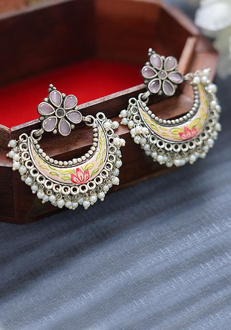 Silver Tone White Bead Floral Chandbali Brass Earrings