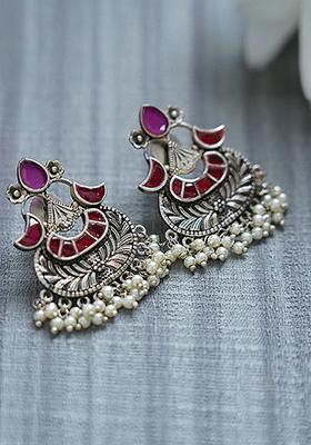 Silver Tone Red Stone Handcrafted Brass Earrings