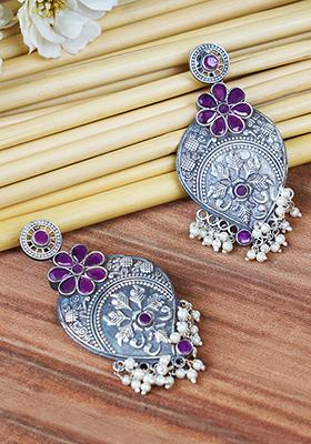 Silver Tone Leaf Motif Floral Brass Earrings