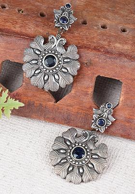 Silver Tone Blue Stone Floral Brass Earrings