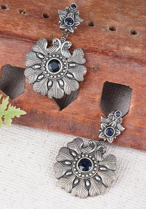 Silver Tone Blue Stone Floral Brass Earrings