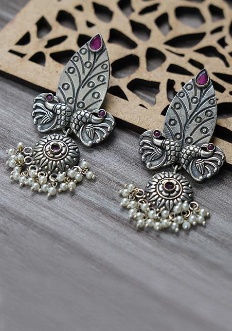 Silver Tone White Bead Floral Brass Earrings