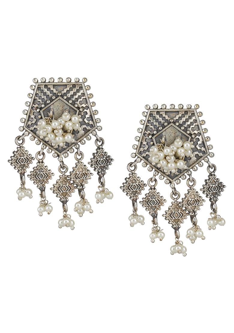 Silver Oxidized White Bead Earrings