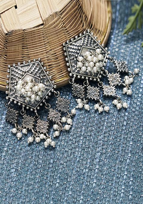 Silver Oxidized White Bead Earrings