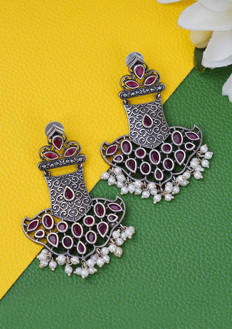 Kumar Jewels Hot Pink Flower Shaped Gold Finished Stud Earrings