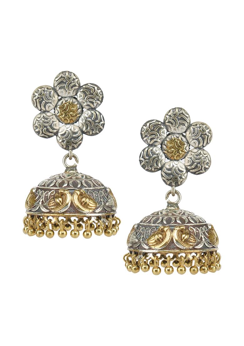 Dual Tone Floral Brass Jhumka Earrings - Indya