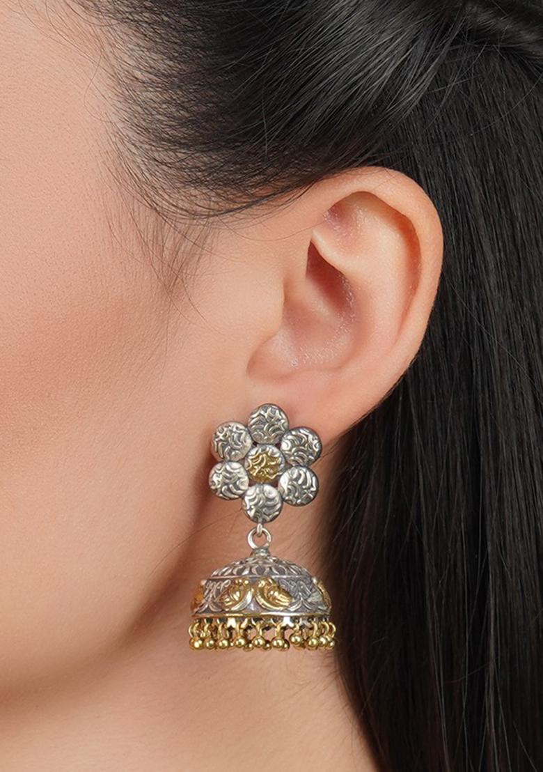Dual Tone Floral Brass Jhumka Earrings - Indya