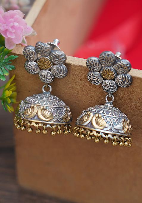 Dual Tone Floral Brass Jhumka Earrings