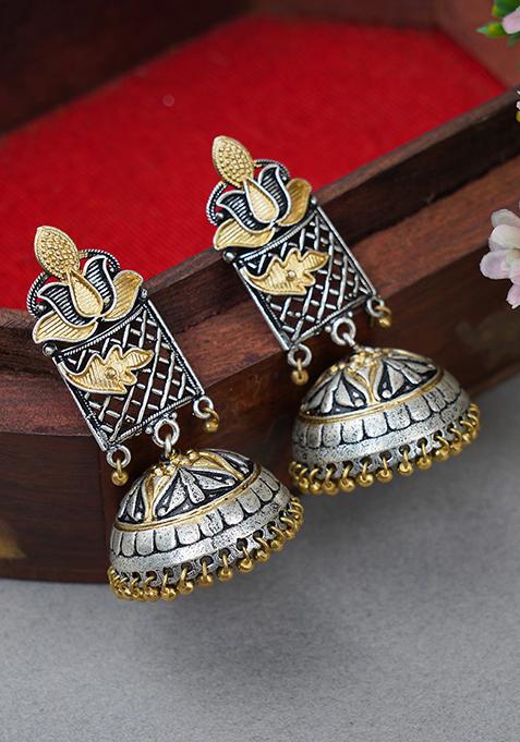 Silver Oxidized Dual Tone Brass Jhumka Earrings
