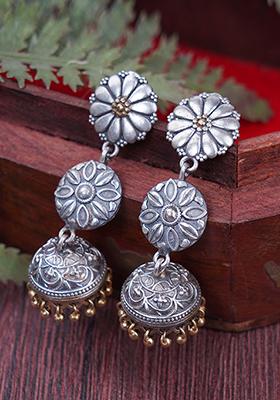 Silver Finish Dual Tone Brass Jhumka Earrings