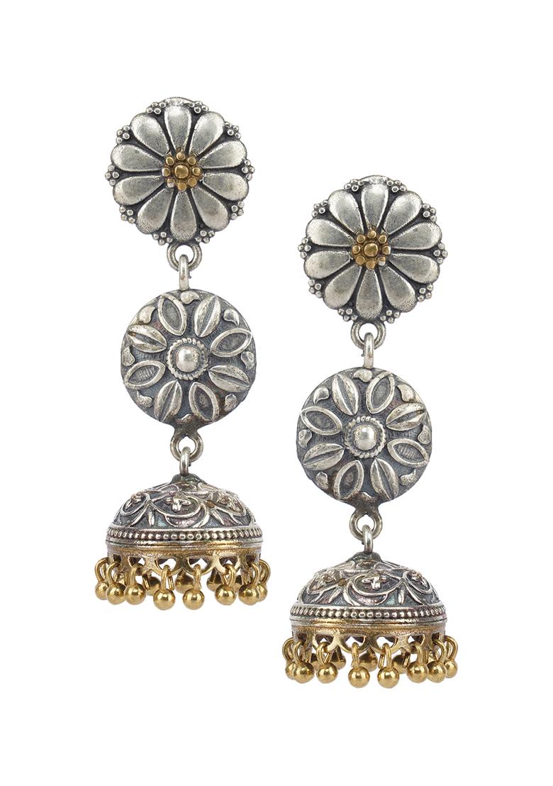 Silver Finish Dual Tone Brass Jhumka Earrings