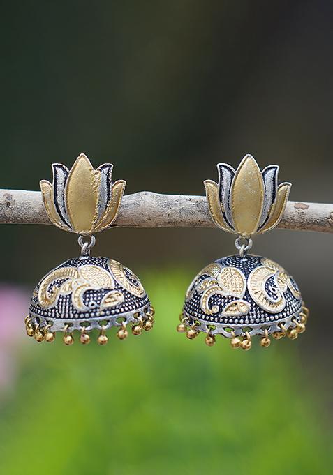 Dual Tone Lotus Motif Brass Jhumka Earrings