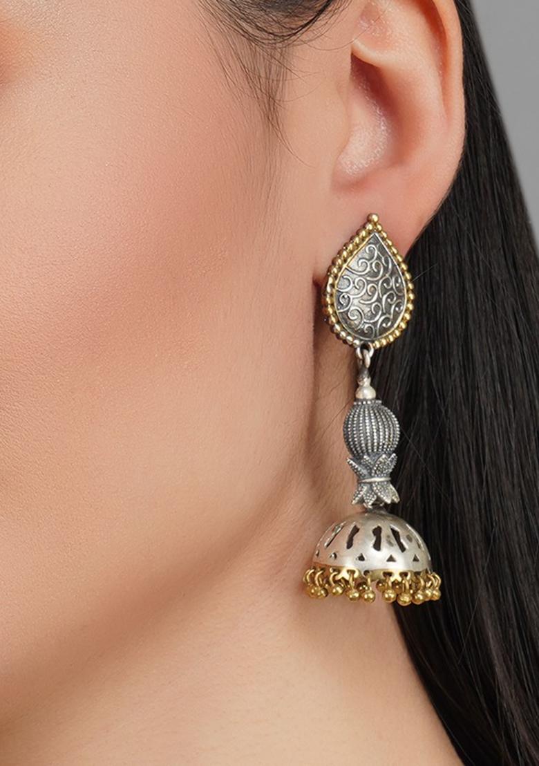 Dual Tone Textured Brass Jhumka Earrings - Indya