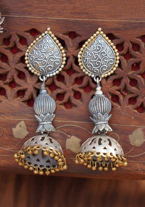 Dual Tone Textured Brass Jhumka Earrings