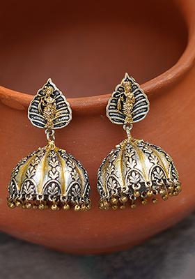 Dual Tone Krishna Motif Brass Jhumka Earrings