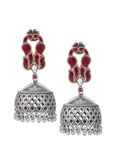 Silver Tone Red Brass Jhumka Earrings