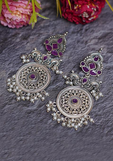 Silver Oxidized Purple Stone Brass Earrings