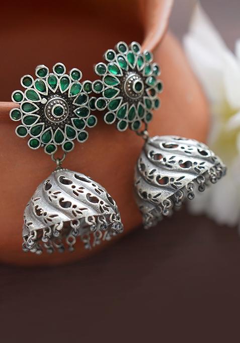 Silver Tone Green Handcrafted Brass Jhumka Earrings