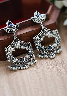 Silver Tone Blue Stone Brass Earrings