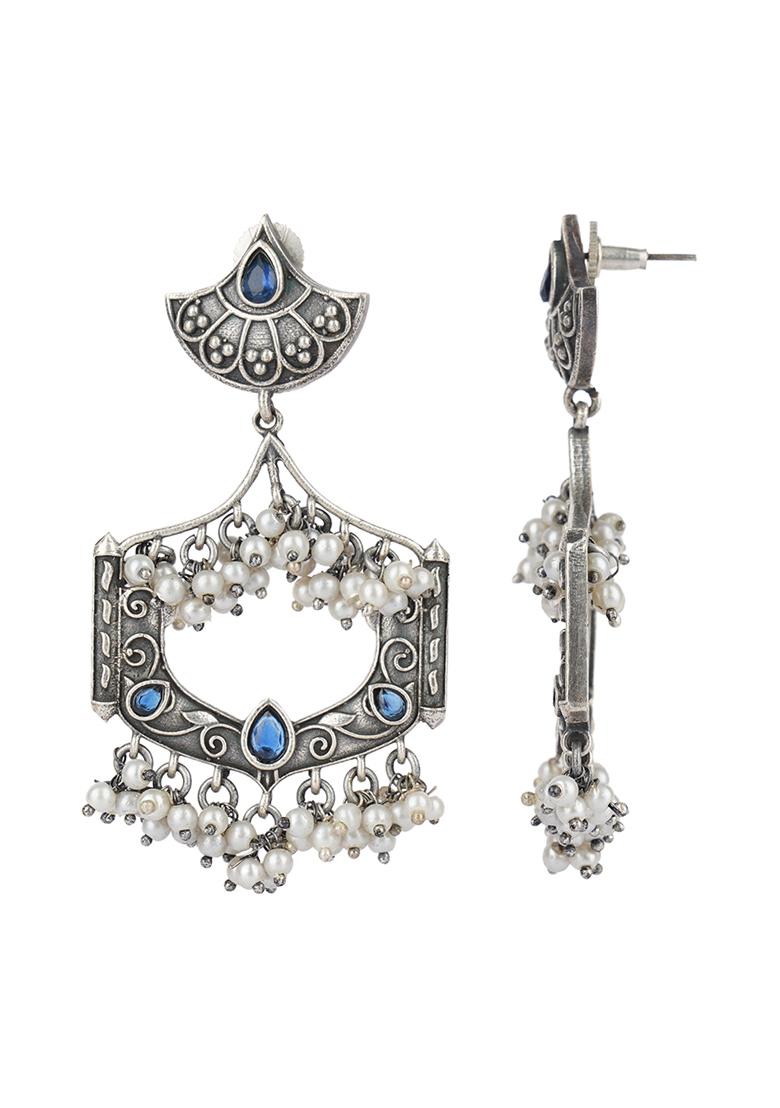 Silver Tone Blue Stone Brass Earrings