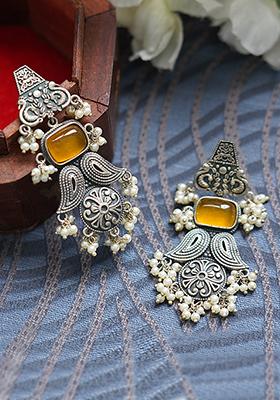Silver Tone Yellow Stone Brass Earrings