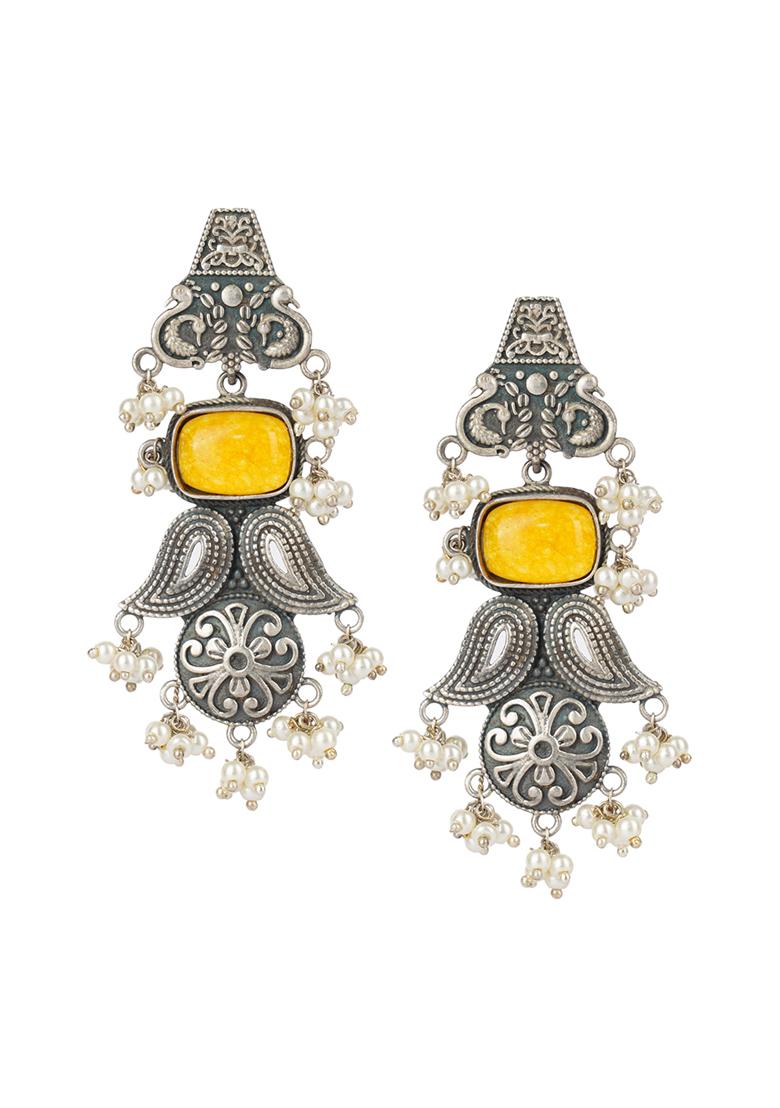 Silver Tone Yellow Stone Brass Earrings