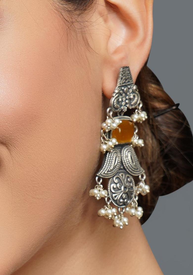 Silver Tone Yellow Stone Brass Earrings