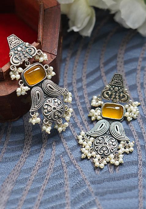 Silver Tone Yellow Stone Brass Earrings
