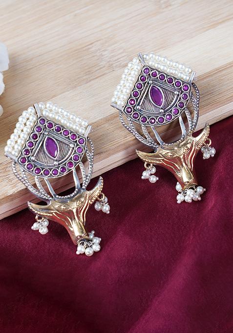 Dual Tone Drop Down Brass Earrings