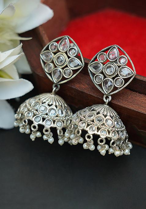 Silver Tone Floral Jhumka Brass Earrings