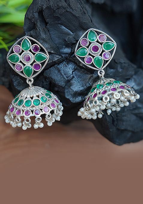 Silver Tone Green And Pink Brass Jhumka Earrings