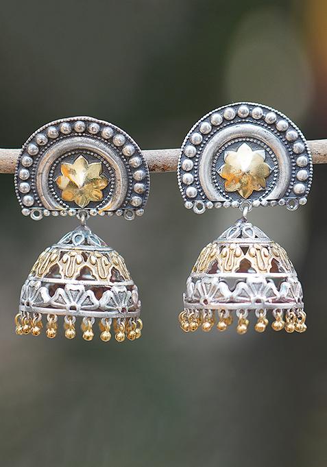 Dual Tone Brass Floral Jhumka Earrings