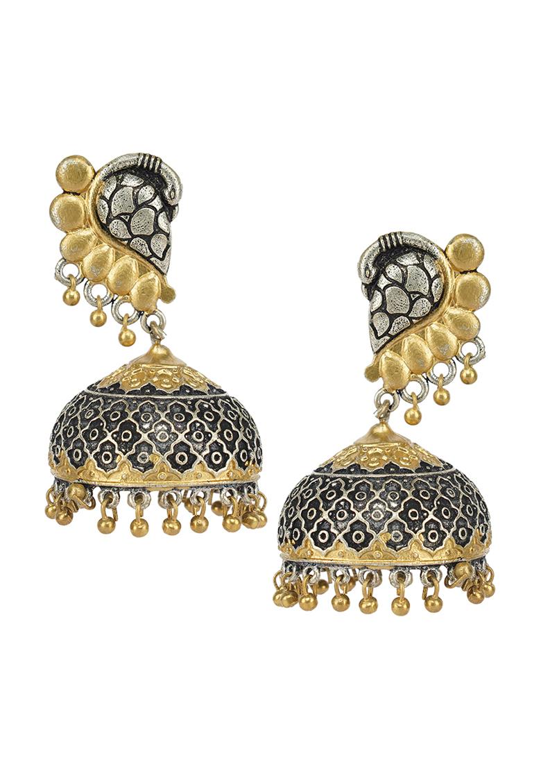 Dual Tone Peacock Motif Jhumka Earrings - Indya