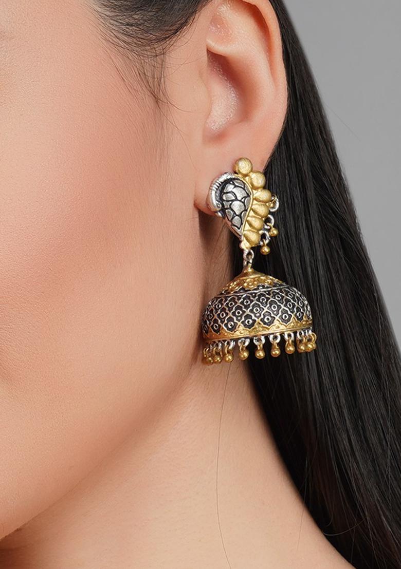 Dual Tone Peacock Motif Jhumka Earrings - Indya