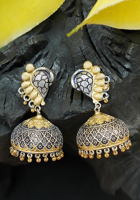 Dual Tone Peacock Motif Jhumka Earrings