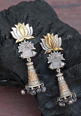Dual Tone Lotus Motif Brass Earrings