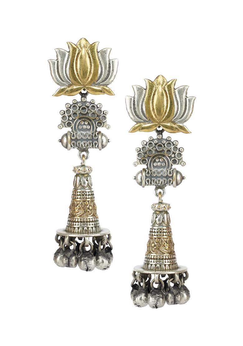 Dual Tone Lotus Motif Brass Earrings - Indya